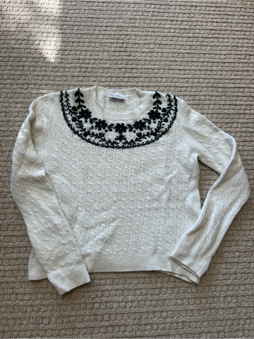 Red Valentino Wool & Cashmere Blend Cable Knit Floral Embroidery Sweater